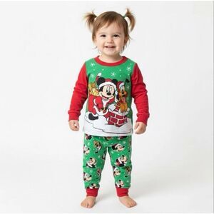 Disney Mickey Christmas Pajama Set 12M Holiday Santa Pluto Retro PJs